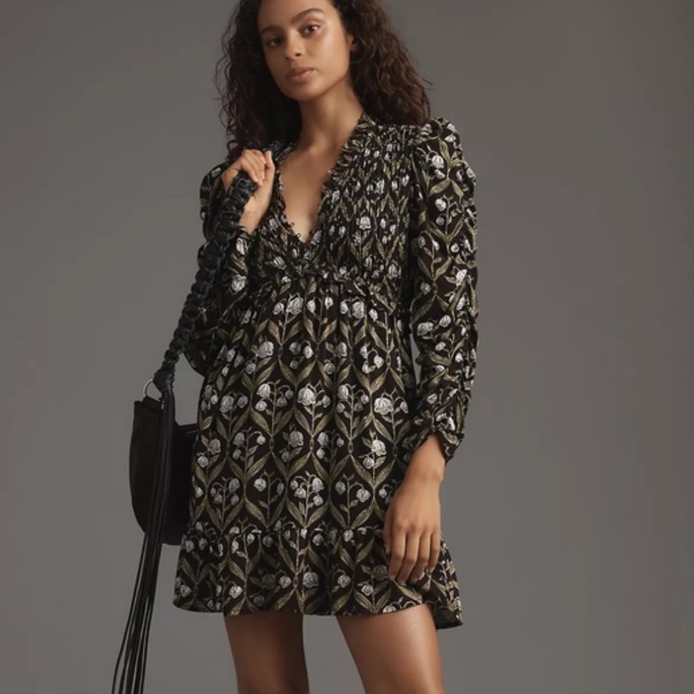 Anthropologie Black and Green Floral Long Sleeve Dress small